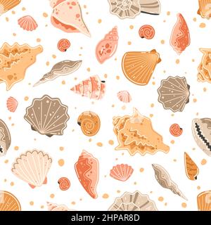 Seamless pattern with multicolored seashells. Vector flat illustration Stock Vector