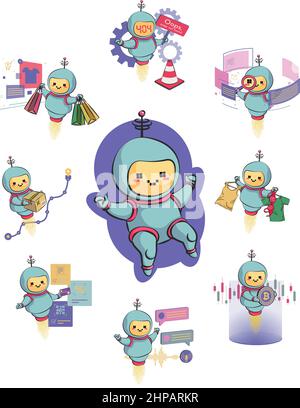 Metaphor chat bot icons set. Information engineering, artificial intelligence, chatbot applications. Customer service and NLP language processing. Vec Stock Vector