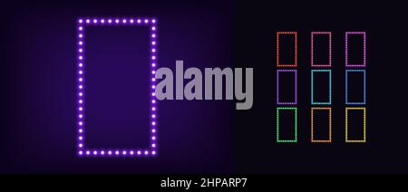 Neon rectangle frame with lamps. Glowing neon rectangle border set with bulbs. Garland frames with copy space, Vector templates with rectangular shape Stock Vector