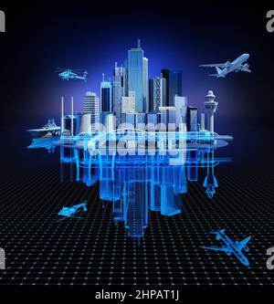 Futuristic digital data network connected. Smart City with technology 5g communication. Internet of things background concept. 3d rendering Stock Photo