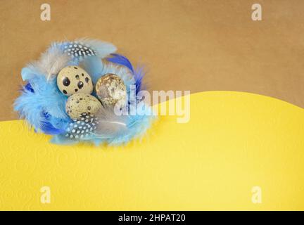 Easter background with three quail eggs in a nest of feathers Stock Photo