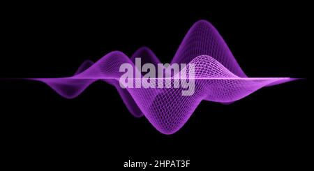 Wireframe waveform, abstract visualization of purple sound waves or acoustic equalizer concept with selective focus effect and copy space Stock Photo