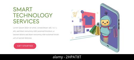 modern robot holding shopping bags, special offer, sale, artificial intelligence concept. robot virtual assistant website or mobile apps. Stock Vector