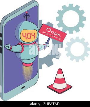 Vector illustration, frustrated robot character with a match bubble. Oops, page 404, text not found. Stock Vector