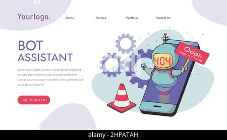 Oops, page 404, text not found. virtual assistant robot website or mobile apps. Stock Vector