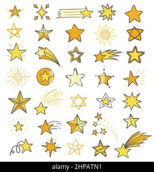 Set of hand drawn, flat colored cosmic elements, stars and comet on a white background. Stock Vector