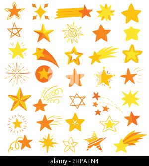 Set of hand drawn, flat colored cosmic elements, stars and comet on a white background. Stock Vector