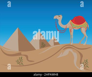 a cute camel on the background of the three pyramids of Egypt. Journey to the East delights the mind and soul. Beautiful desert dunes, mysterious pyra Stock Vector