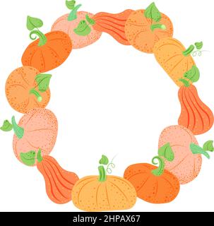 Banner on a white background. Stylized pumpkins arranged in a circle. Autumn. The vector is made in a flat style. Pumpkins. Suitable for postcards and Stock Vector