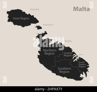 Black map of Malta regions with names, design blackboard vector Stock Vector
