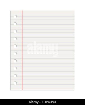 Realistic sheet of lined paper from a notebook, blank paper ripped from a block with holes vector Stock Vector