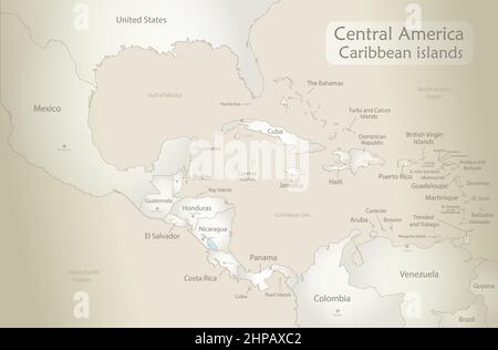 Caribbean islands and Central America map,  states and islands and capitals with names, old paper background vector Stock Vector