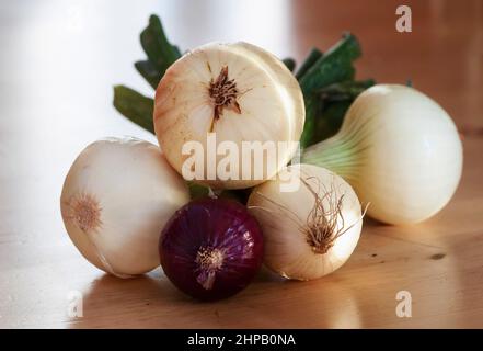 Group of white onion , one is dark red on wooden table, closeup. Stock Photo