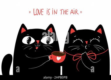 Romantic greeting card with kawaii black cats and red cup with heart. Cute apparel print design Stock Vector