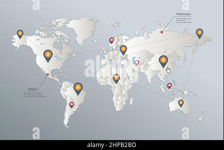 World map, bitcoin network and location pointer, blue white card paper 3D vector Stock Vector