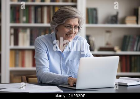 Happy old woman working distantly on computer. Stock Photo