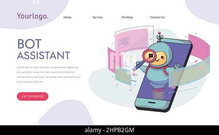 Service support center. chat bot. Zoom search. For all tasks. robot virtual assistant website or mobile apps. Stock Vector