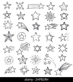 Set of hand drawn black colored linear cosmic elements, stars and comet on a white background. Stock Vector