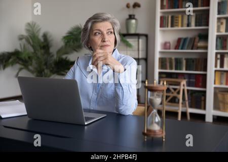Thoughtful smart middle aged businesswoman working in office. Stock Photo