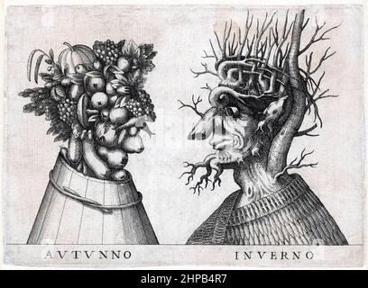 The personification of Autumn (Autunno) is made up of a wine barrel, bunches of grapes, melons, pomegranates and other fruits, and a mushroom; Winter (Inverno) of a woven mat, tree trunks, stems, roots and willow. See also the pendant with Spring and Summer.  by Giuseppe Arcimboldo ca. 1565 - ca. 1580 Stock Photo