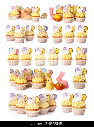 Set of creative Easter cupcakes isolated on white Stock Photo