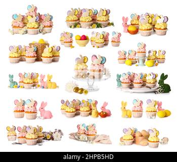 Set of creative Easter cupcakes isolated on white Stock Photo