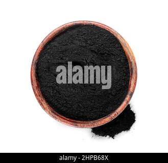 Bowl with activated charcoal tooth powder on white background Stock Photo