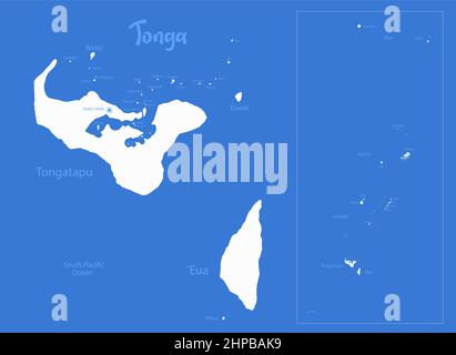 Tonga map, islands whit names, blue background vector Stock Vector