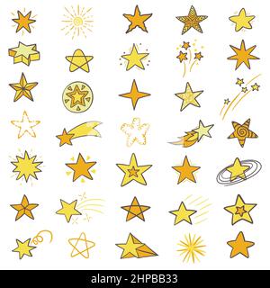 Set of hand drawn, flat colored cosmic elements, stars and comet on a white background. Stock Vector