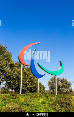 Paralympics Agitos Logo by Eastcross Bridge in the Queen Elizabeth Olympic Park, Stratford, East London, England, UK Stock Photo