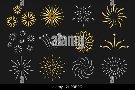 Firework gradient gold silver set festive bursting, celebration explosion, salute, bright spark. For holiday and party or anniversary design elements isolated on black background. Vector illustration Stock Vector