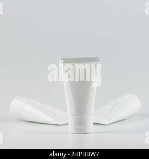 Skincare and cosmetology mockup with copy space. Unbranded plastic flacon for cosmetics products. Branding identity template for text and design Stock Photo
