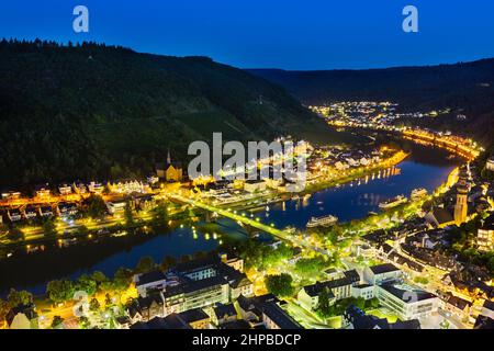 Summer night view along the Moselle River Valley and the city of Cochem, Germany. Stock Photo