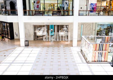 Miami, USA - July 19, 2021: Sign for Tiffany & co jewelry store entrance inside interior of Aventura shopping mall in Florida, United States high angl Stock Photo