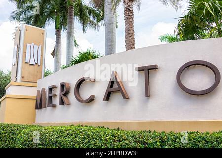 Naples, USA - August 27, 2021: Naples, Florida entrance to modern shopping mall area center called Mercato with movie theater, whole foods market and Stock Photo