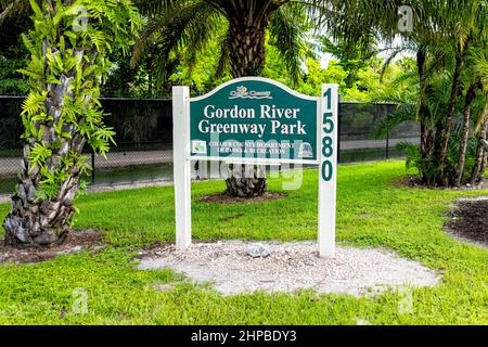 Naples, USA - September 10, 2021: Naples in Southwest Florida Coller County with sign entrance to Gordon River Greenway Park through mangrove swamp an Stock Photo