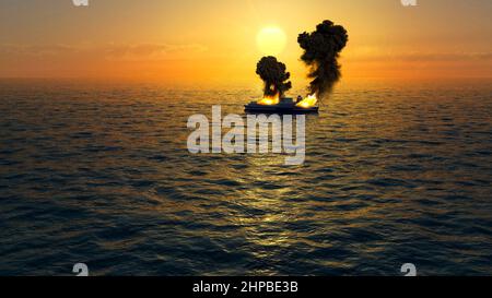 Grimaldi lines, Euroferry Olimpia ferry, fire on the ferry on the route from Greece to Italy. Boat in the middle of the sea. 3d rendering Stock Photo