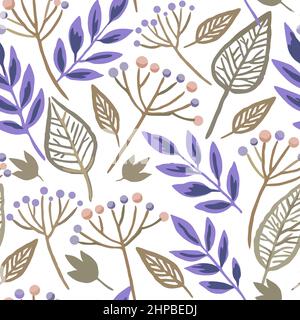 Seamless pattern with berry branches and skeleton autumn leaves. Vector hand drawn illustration.  Stock Vector