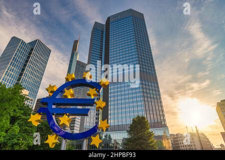 Frankfurt, Germany - July 9, 2017: sunrise city skyline at European Central Bank (ECB) and Euro Sign Stock Photo