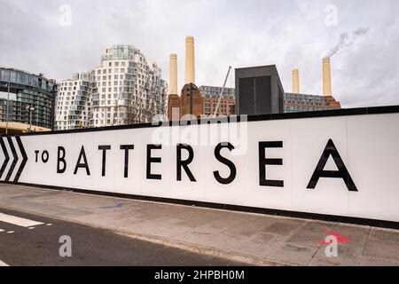 Battersea Power Station recently got it sow underground station. Image of the sign outside directing people toward the station on foot. Stock Photo