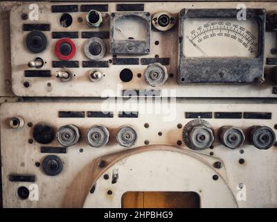 Vintage switch control panel with many buttons in factory manufacturing. Stock Photo