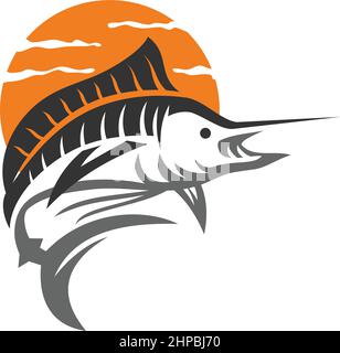 marlin fish and sunset Icon Illustration Brand Identity Stock Vector