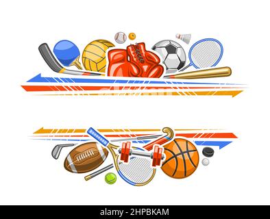 Vector Border for Sports Equipment with empty copy space for text, decorative promo concept with illustration of variety summer sport gear, red leathe Stock Vector