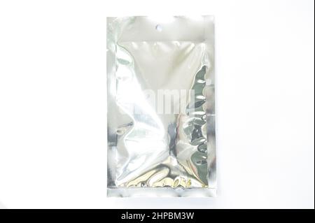 snack or food package aluminum foil mock-up on white background Stock Photo