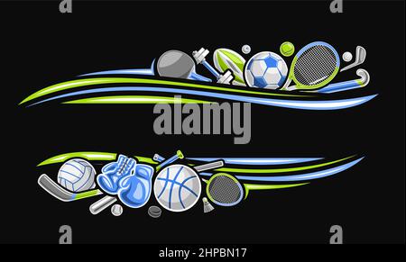 Vector Border for Sports Equipment with empty copy space for text, decorative promo coupon with illustration of various summer sport gear, blue leathe Stock Vector