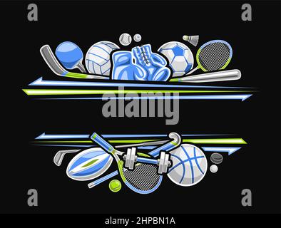 Vector Border for Sports Equipment with blank copy space for text, decorative design sign board with illustration of various sport gear, blue leather Stock Vector