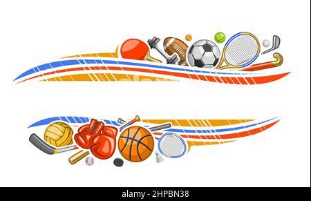 Vector Border for Sports Equipment with blank copy space for text, decorative promo voucher with illustration of variety summer sport gear, red leathe Stock Vector