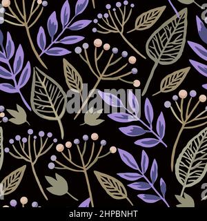 Seamless pattern with berry branches and skeleton autumn leaves. Vector hand drawn illustration.  Stock Vector