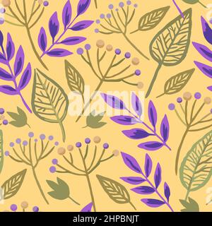 Seamless pattern with berry branches and skeleton autumn leaves. Vector hand drawn illustration.  Stock Vector