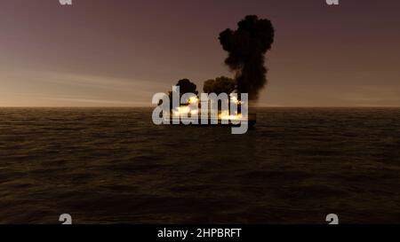 Grimaldi lines, Euroferry Olimpia ferry, fire on the ferry on the route from Greece to Italy. Boat in the middle of the sea. 3d rendering Stock Photo